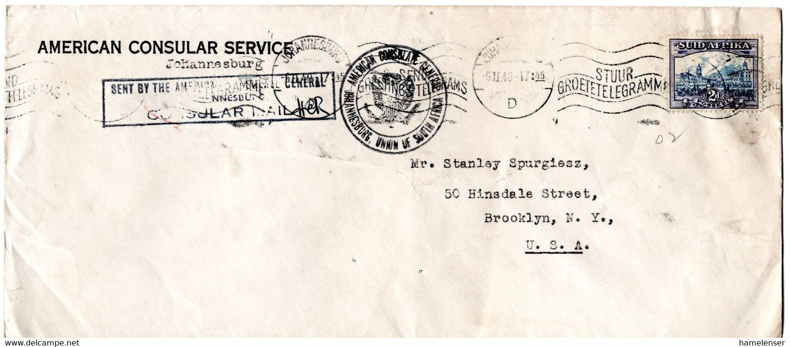 L32639 - Suedafrika - 1940 - 2d EF A. Bf. D. US-Konsulats JOHANNESBURG -> Brooklyn, NY (USA) - Covers & Documents