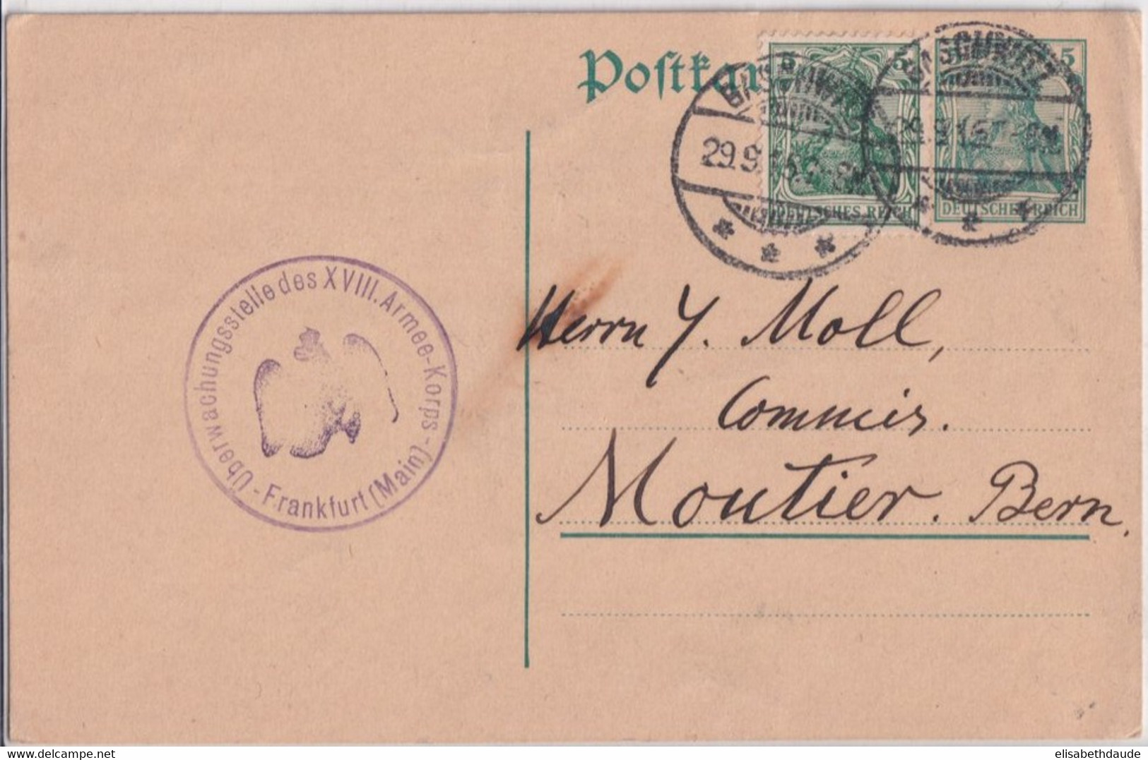 REICH - 1915 - CARTE ENTIER GERMANIA De SASCHWITZ Avec CENSURE De FRANKFURT Am MAIN => MOUTIER (SUISSE) ! - Postcards