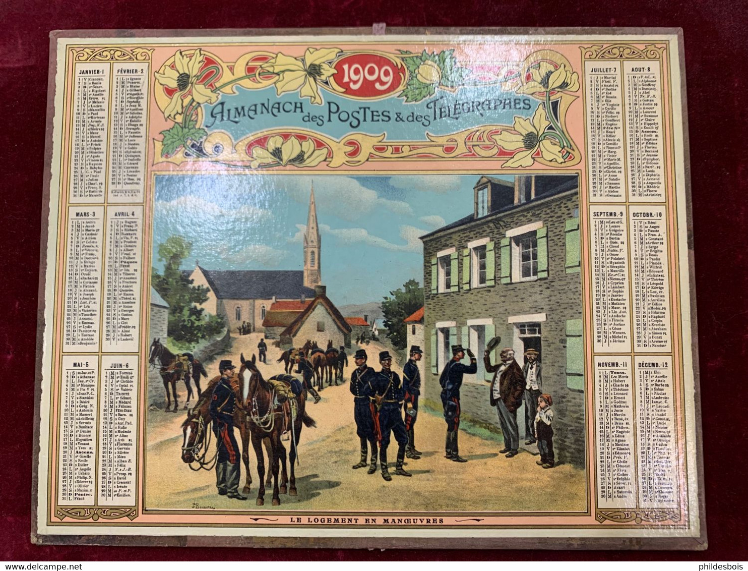 CALENDRIER ALMANACH PTT 1909 ( Oberthur) LE LOGEMENT EN MANOEUVRES - Grand Format : 1901-20