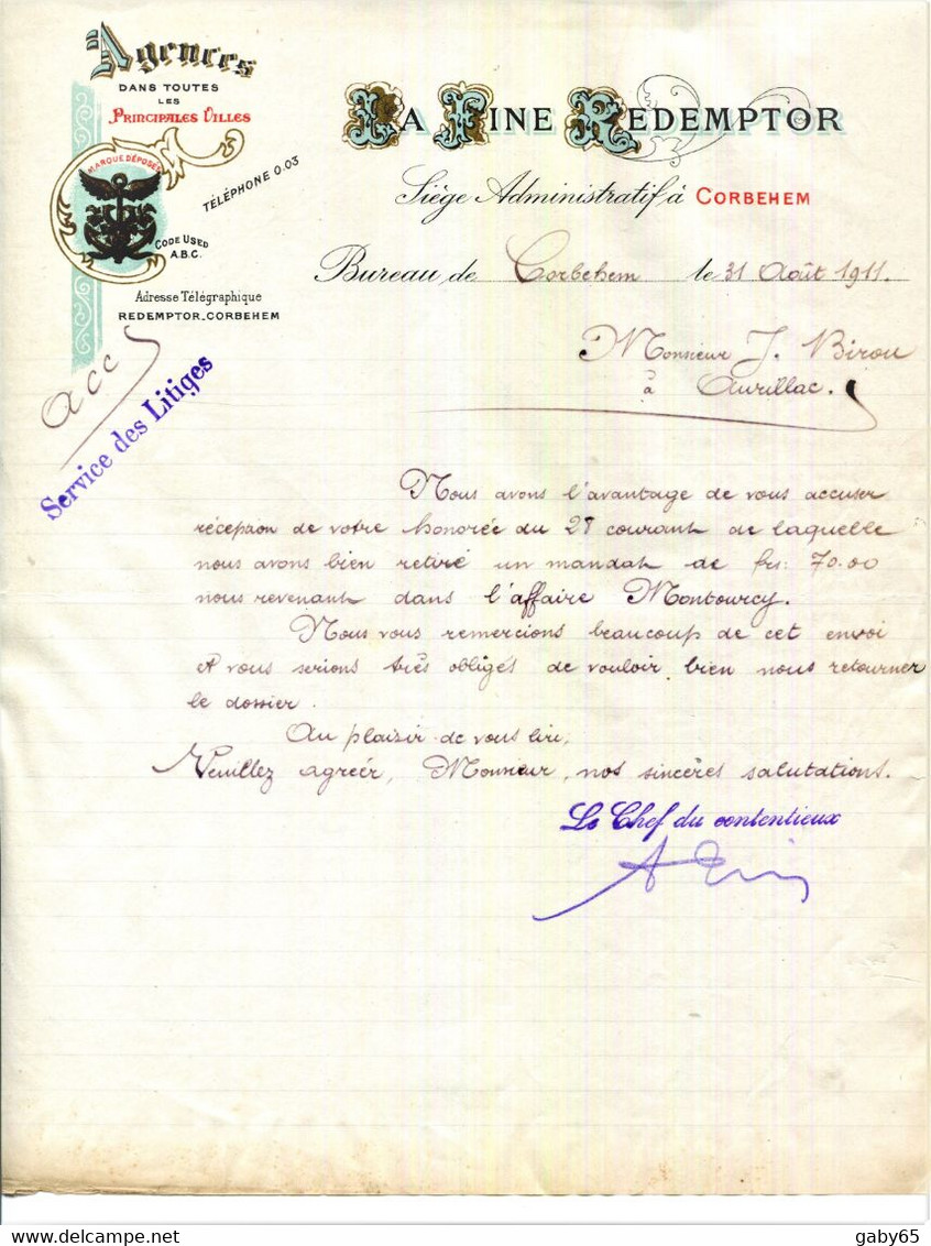 FACTURE.62.PAS DE CALAIS.CORBEHEM.SERVICE DE CONTENTIEUX " LA FINE REDEMPTOR " AGENCES DANS TOUTES LES PRICIPALES VILLES - Bank & Insurance