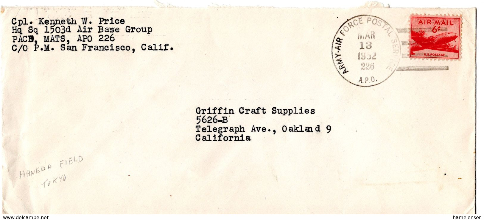 L32645 - USA - 1952 - 6￠Luftpost EF A. Bf. APO 226 (Haneda, Japan) -> Oakland, CA - Storia Postale