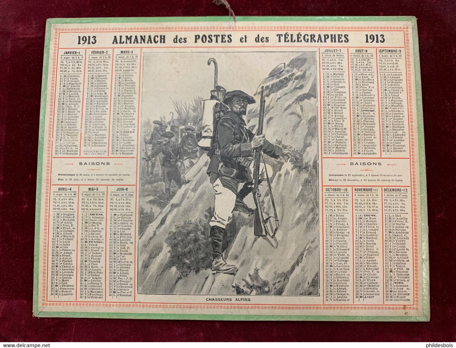 CALENDRIER ALMANACH PTT 1913  CHASSEURS ALPINS - Tamaño Grande : 1901-20