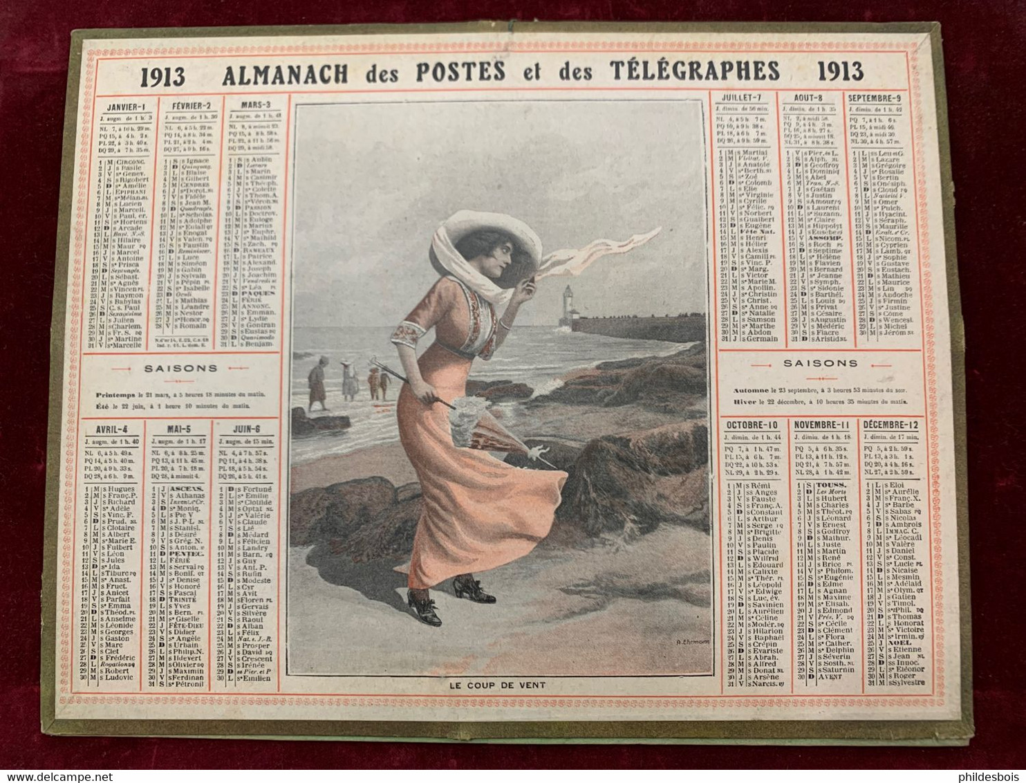 CALENDRIER ALMANACH PTT 1913  LE COUP DE VENT - Formato Grande : 1901-20