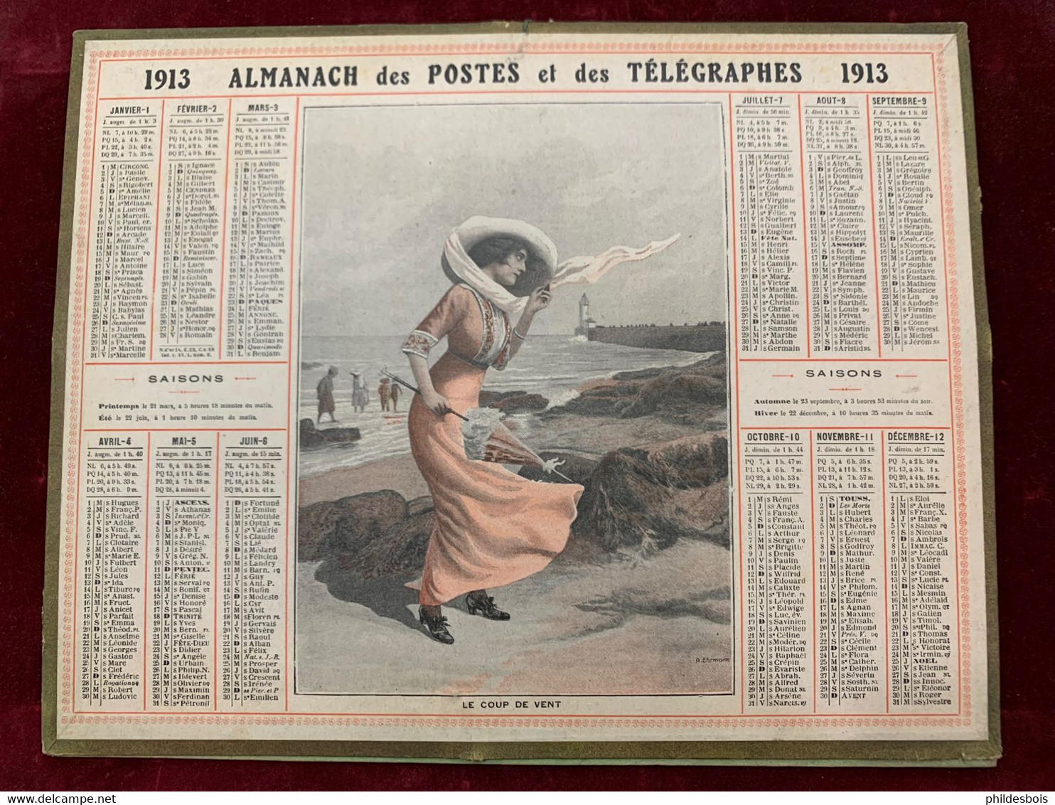 CALENDRIER ALMANACH PTT 1913  LE COUP DE VENT - Big : 1901-20