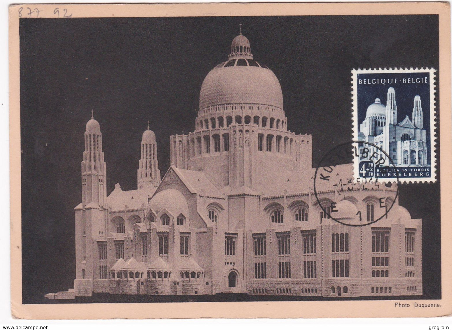 BELGIQUE ( CM ) YT  877  1/03/1952 BASILICA SS CORDIS KOEKELBERG Maximum Card - 1951-1960