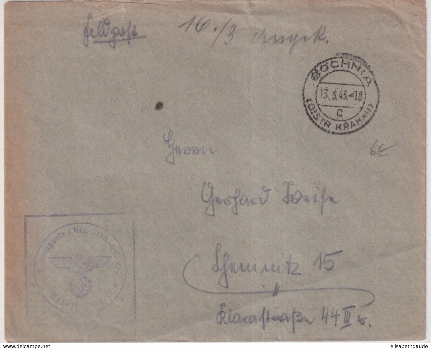 1943 - GOUVERNEMENT GENERAL / POLOGNE - ENVELOPPE FELDPOST De BOCHNIA / KRAKAU - Gouvernement Général