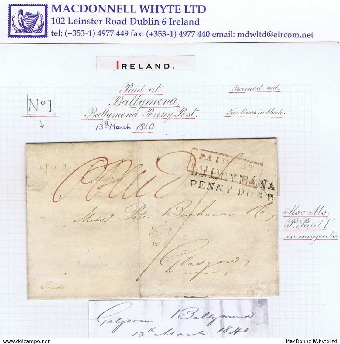 Ireland Antrim 1840 Letter Galgorm To Glasgow Unframed "No1" Of Gracehill, BALLYMENA/PENNY POST And PAID AT/BALLYMENA - Prephilately