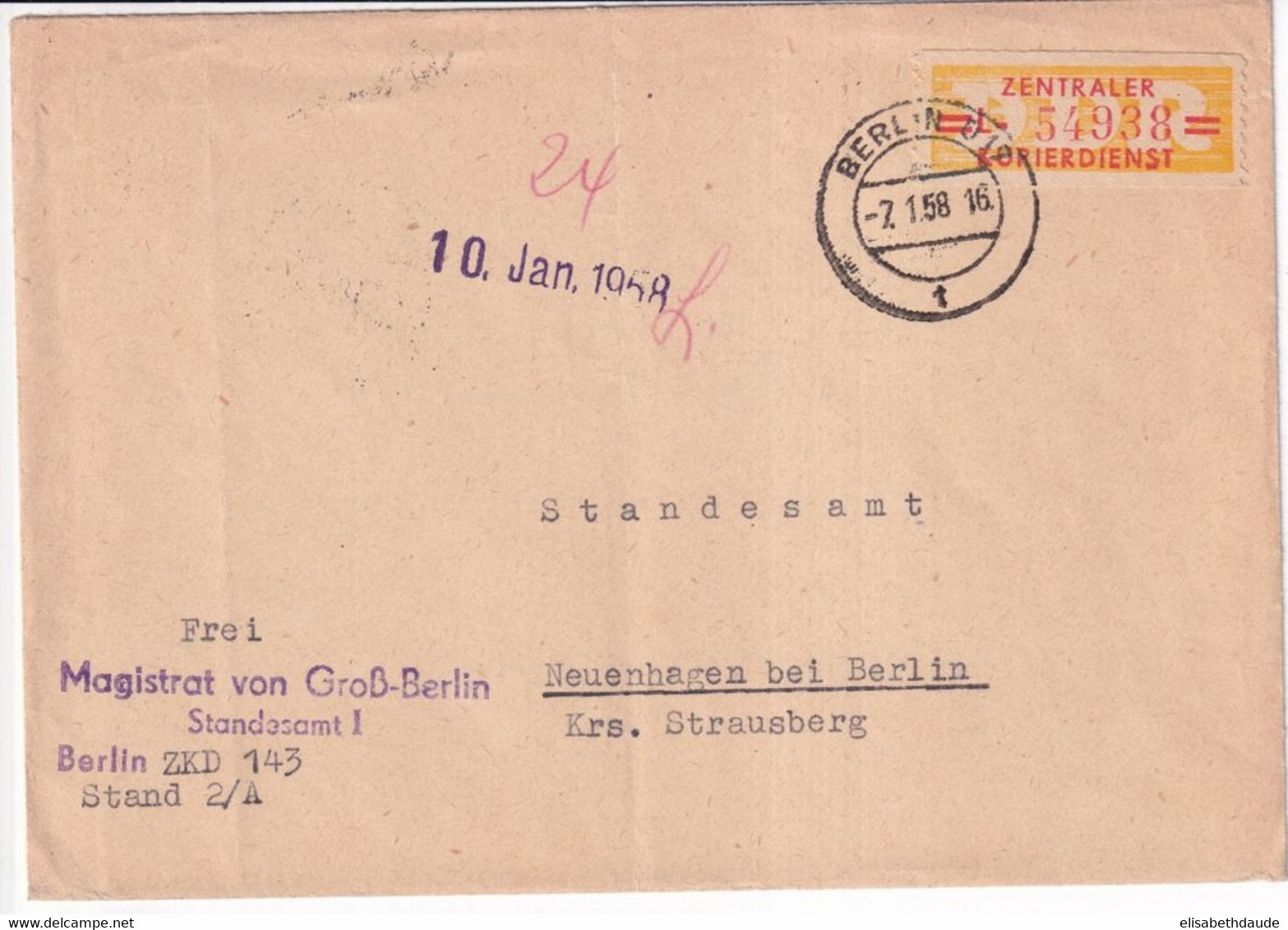 DDR - 1958 - TIMBRE De SERVICE ! Sur ENVELOPPE De BERLIN => NEUENHAGEN - Brieven En Documenten