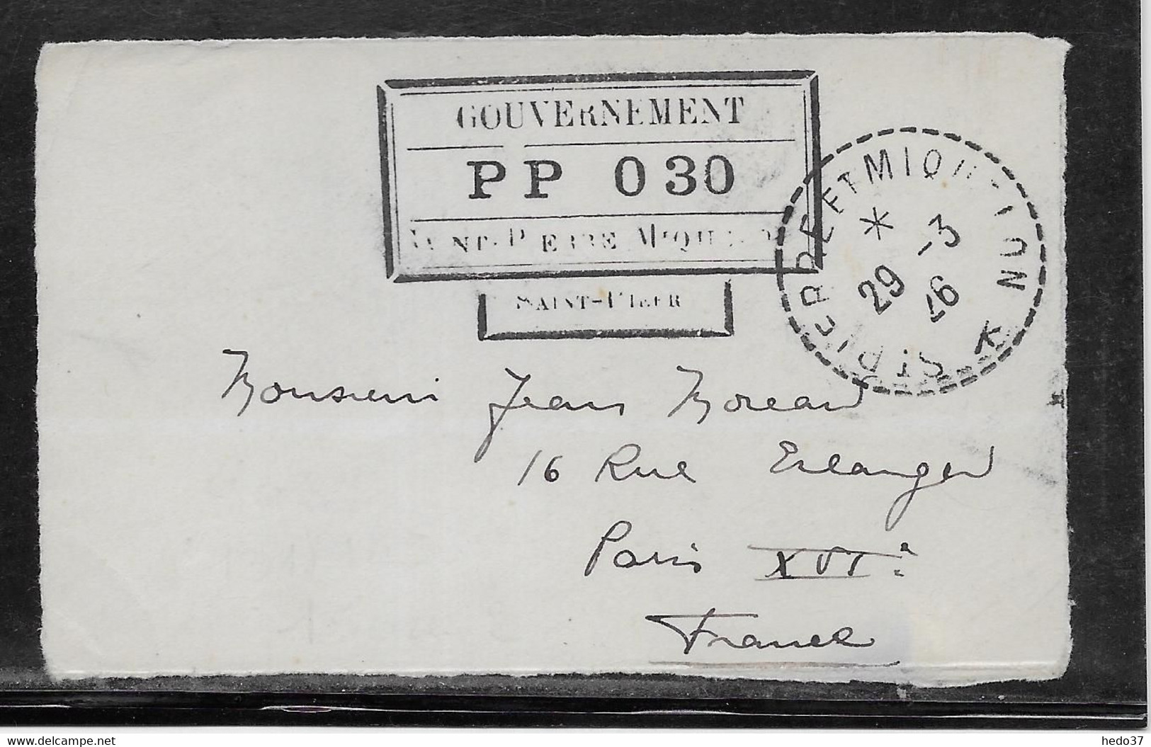 St Pierre Et Miquelon Cachet PP 030 - Oblitéré 29-3-1926 - Devant D'enveloppe - Lettres & Documents