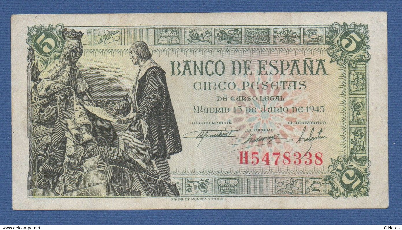 SPAIN - P.129 – 5 PESETAS 1945 VF/XF Serie H 5478338 - 5 Peseten