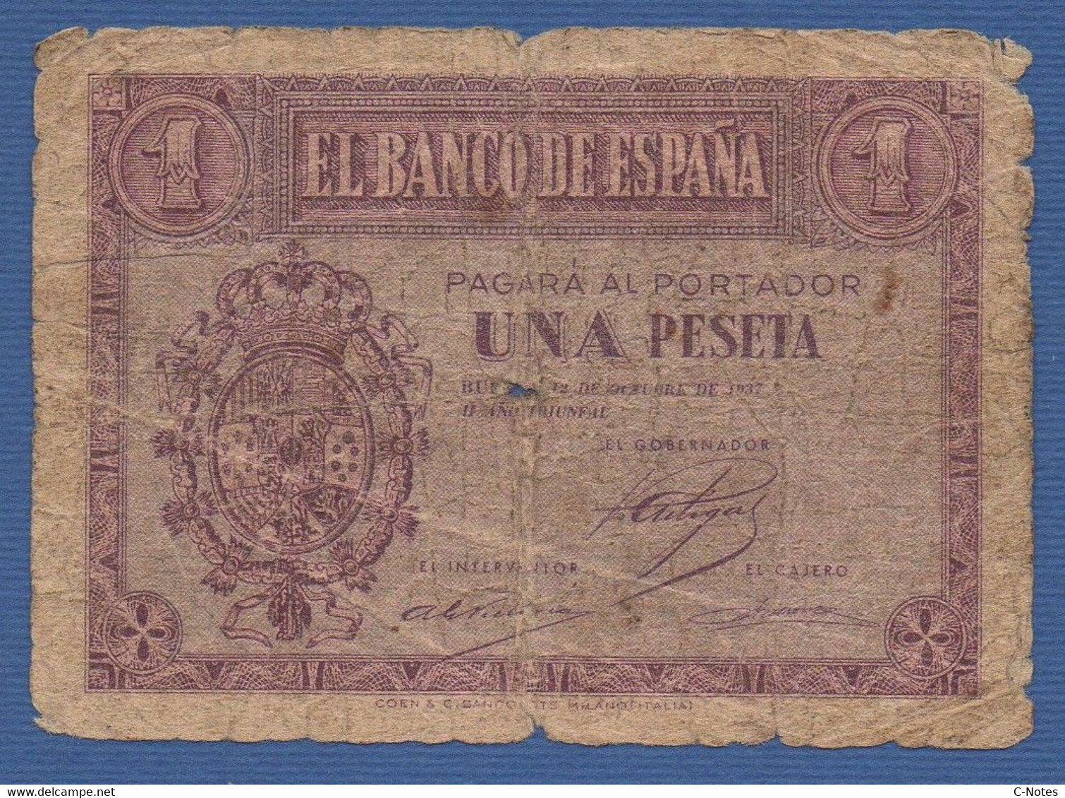 SPAIN - P.104 – 1 PESETA 12.10.1937 Circulated,  Serie A 2792094 / Burgos - 1-2 Peseten