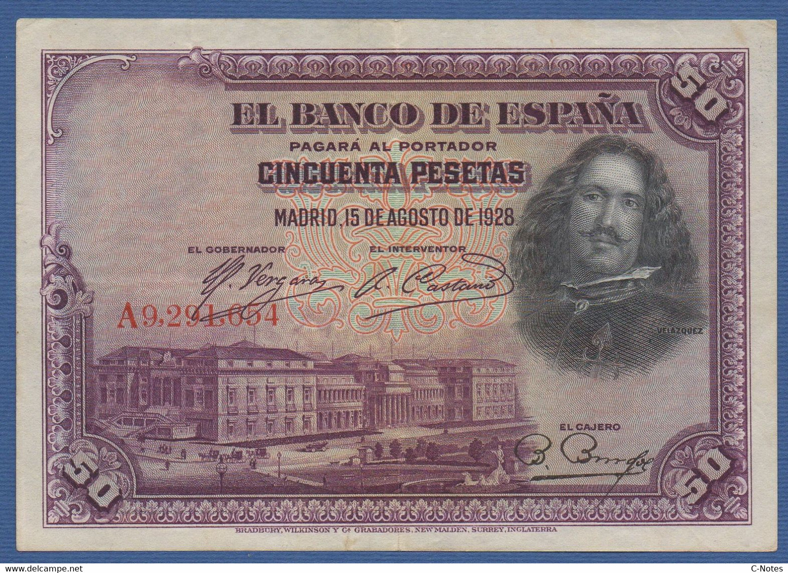 SPAIN - P. 75b – 50 PESETAS 1928 AVF Prefix A9,291,654 - Other & Unclassified