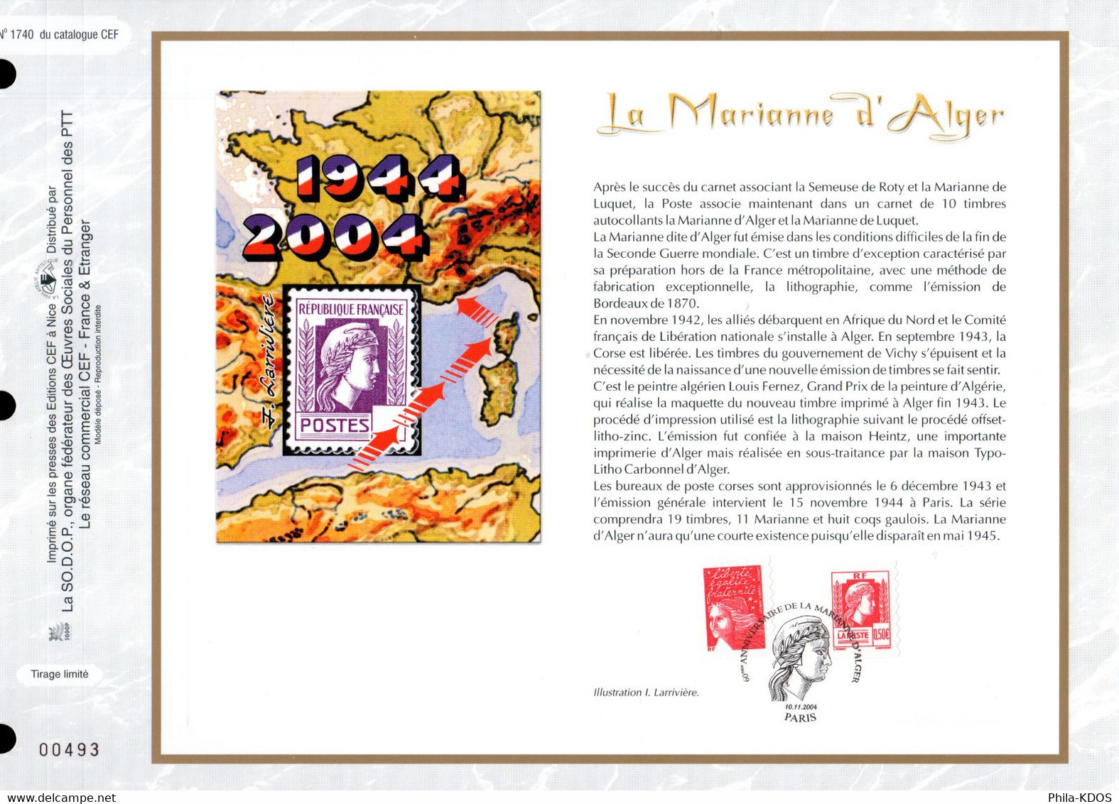 &#9989; " LA MARIANNE D'ALGER " Sur Feuillet CEF 1er Jour N°té De 2004 N° 1740 N° YT P3716 - 1997-2004 Marianne Van De 14de Juli