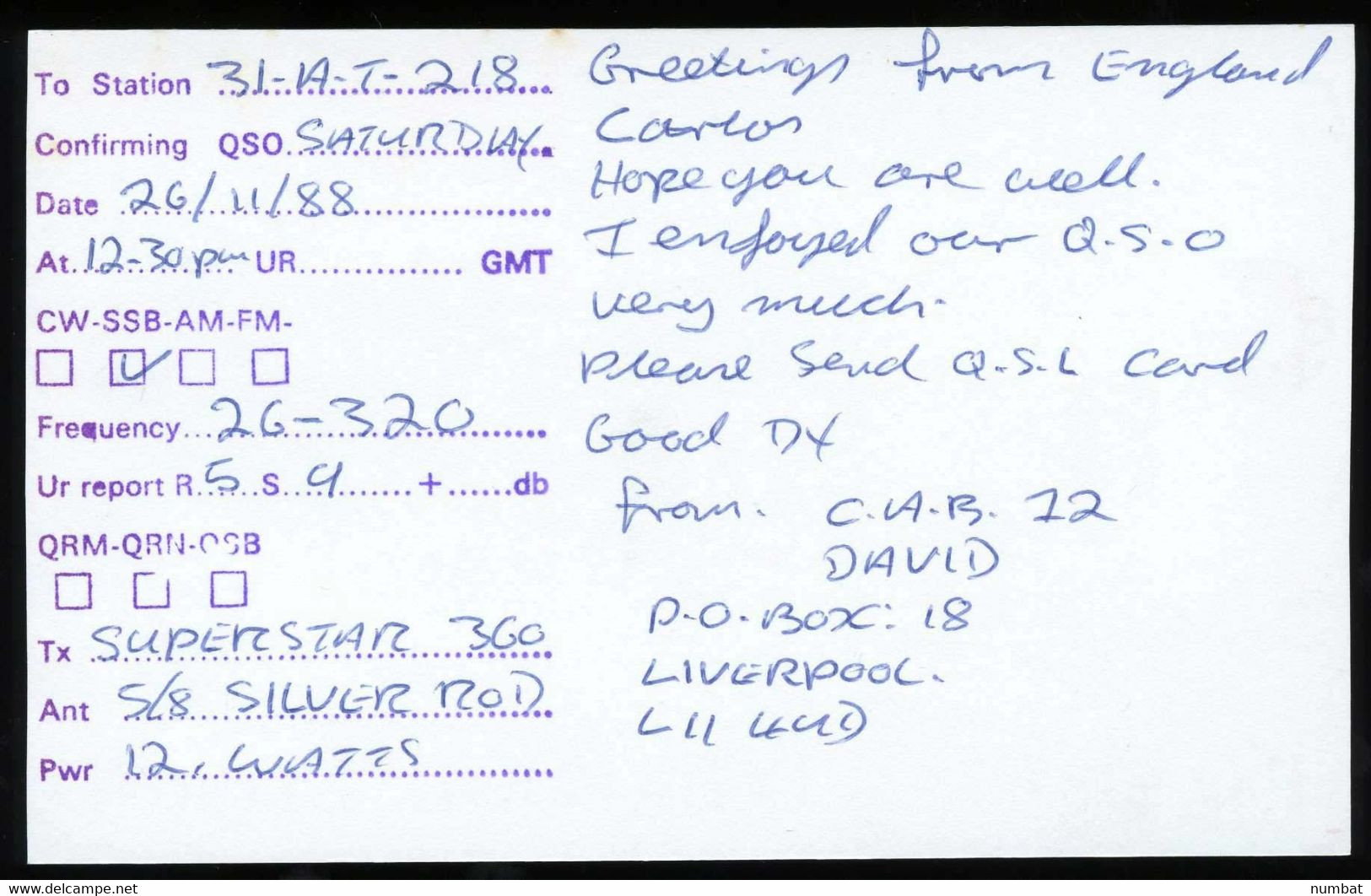 QSL CARD CB RADIO - UNITED KINGDOM - CB