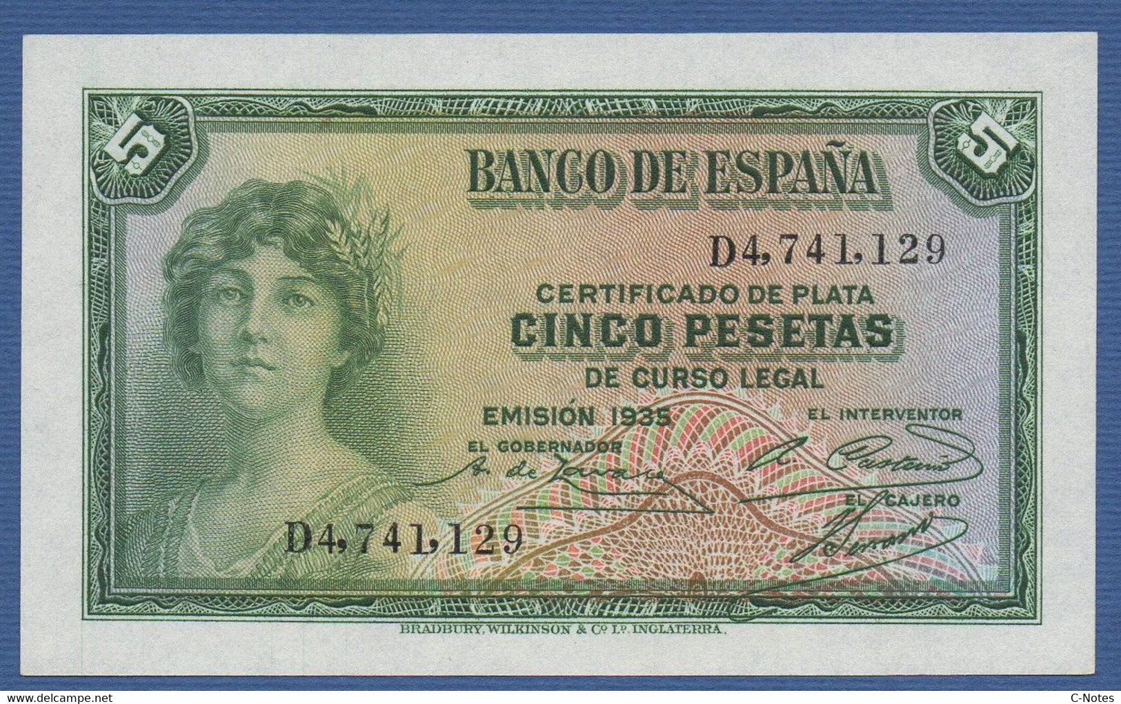 SPAIN - P. 85a2 – 5 PESETAS 1935 UNC, Serie D4,741,129 - 5 Peseten