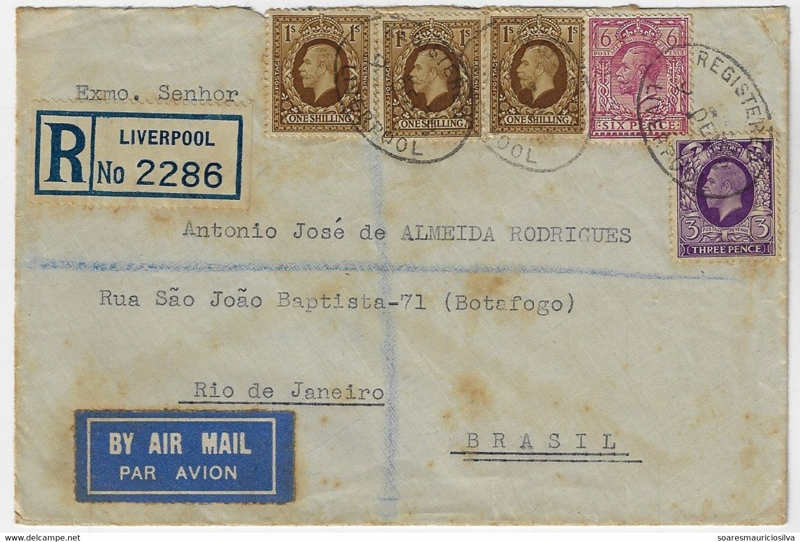 Great Britain 1936 Registered Airmail Cover From Liverpool To Rio De Janeiro Brazil Postage Rate With 5 Stamps - Cartas & Documentos