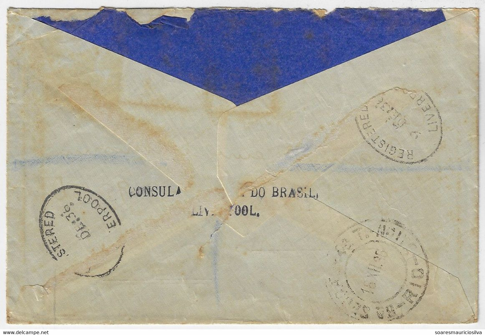 Great Britain 1936 Registered Airmail Cover From Liverpool To Rio De Janeiro Brazil Postage Rate With 5 Stamps - Covers & Documents