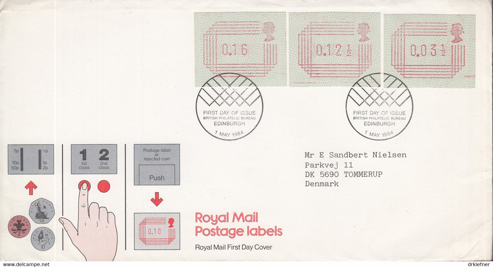 GROSSBRITANNIEN  Automatenmarken 1: 3 1/2, 12 1/2, 16, FDC, 1984 - Post & Go Stamps