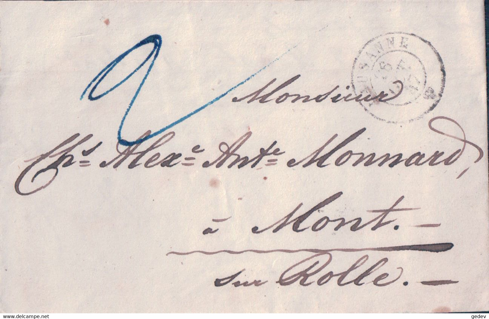 Petite Lettre Suisse De L'année 1847 Taxée 2 Ct, Lausanne Pour Mont Sur Rolle VD 26 Oct 1847 (377) - 1843-1852 Federale & Kantonnale Postzegels