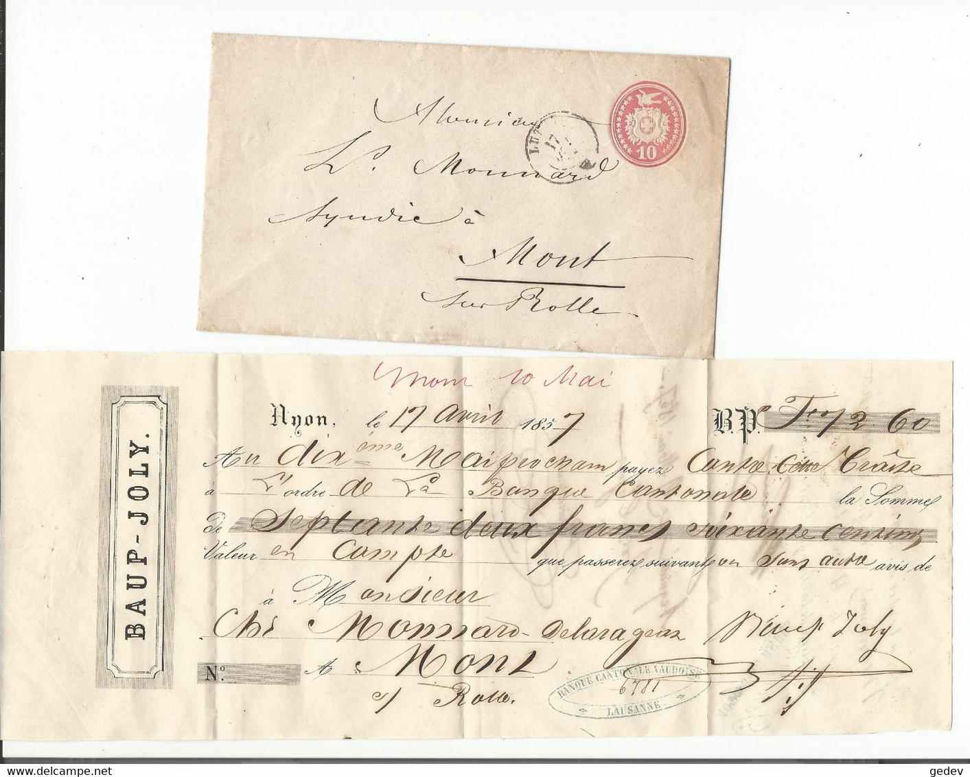 Entier Postal Suisse Et Ordre De Paiement 17 Avril 1857, Lutry Pour Baup Joly Mont Sur Rolle VD (379) - 1843-1852 Kantonalmarken Und Bundesmarken