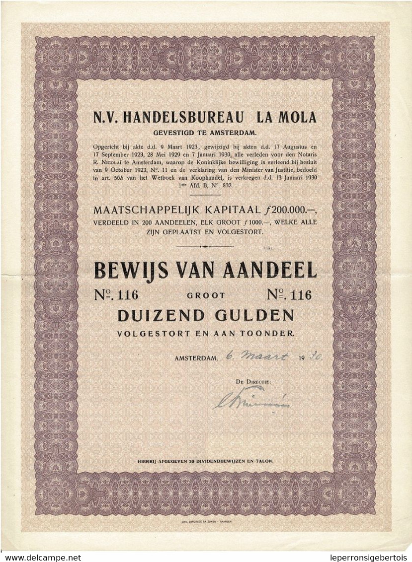 Titre Ancien - N.V. Handelsbureau La Mola - Amsterdam - Titel Van 1930 - - Tessili