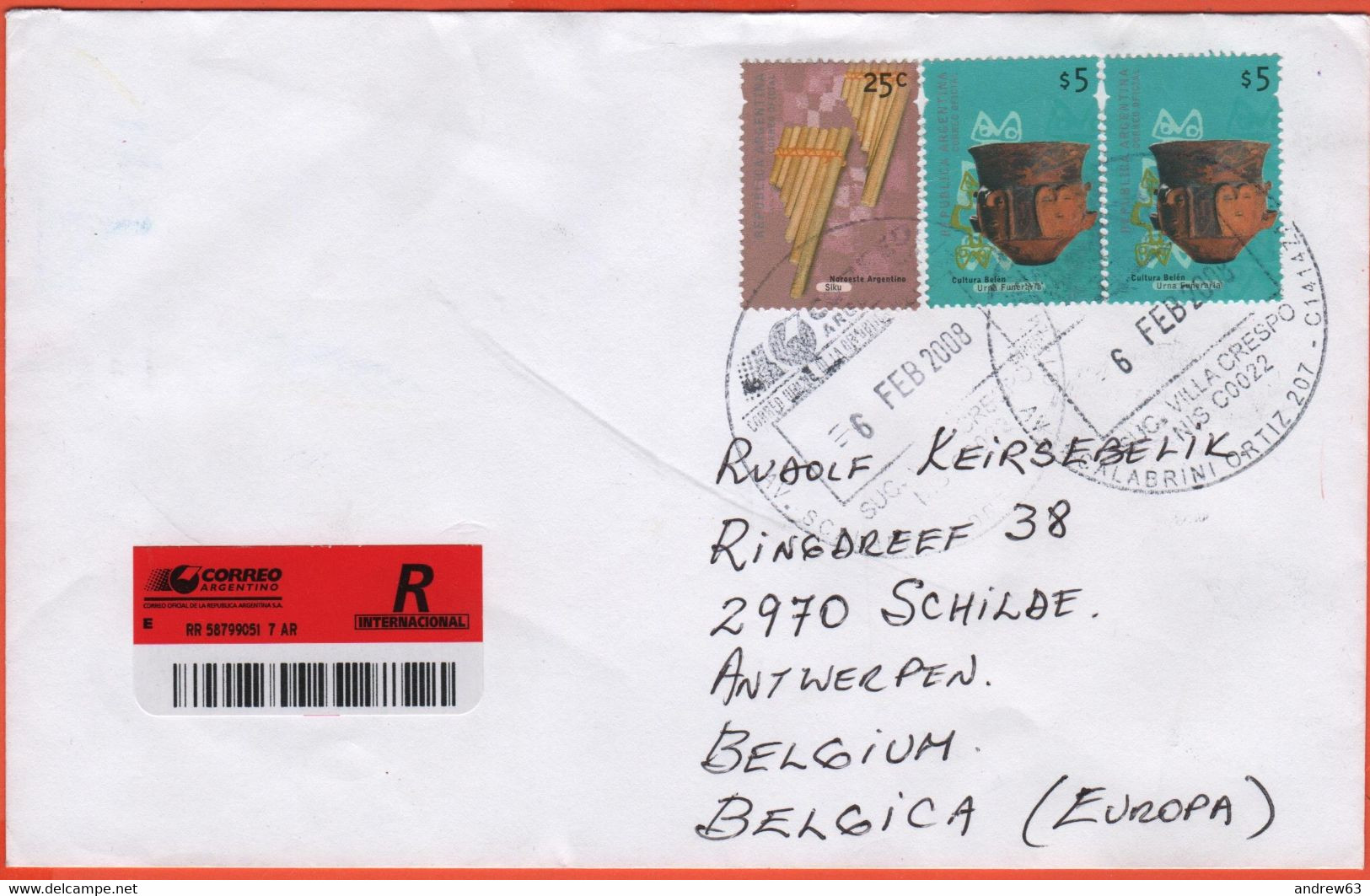 ARGENTINA - 2008 - Siku + 2 X Cultura Belén - Registered - Medium Envelope - Viaggiata Da Buenos Aires Per Schilde, Belg - Briefe U. Dokumente