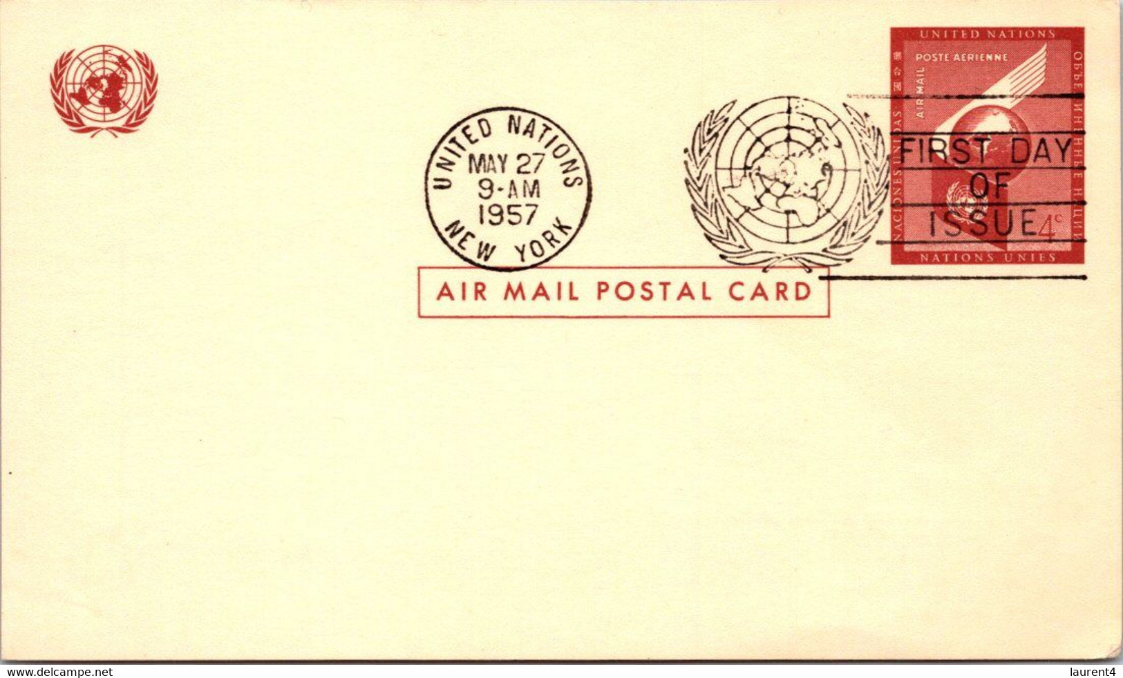 (3 C 13) United Nations Air Mail Postal Card - 1957 (back Is Blank) - Other & Unclassified