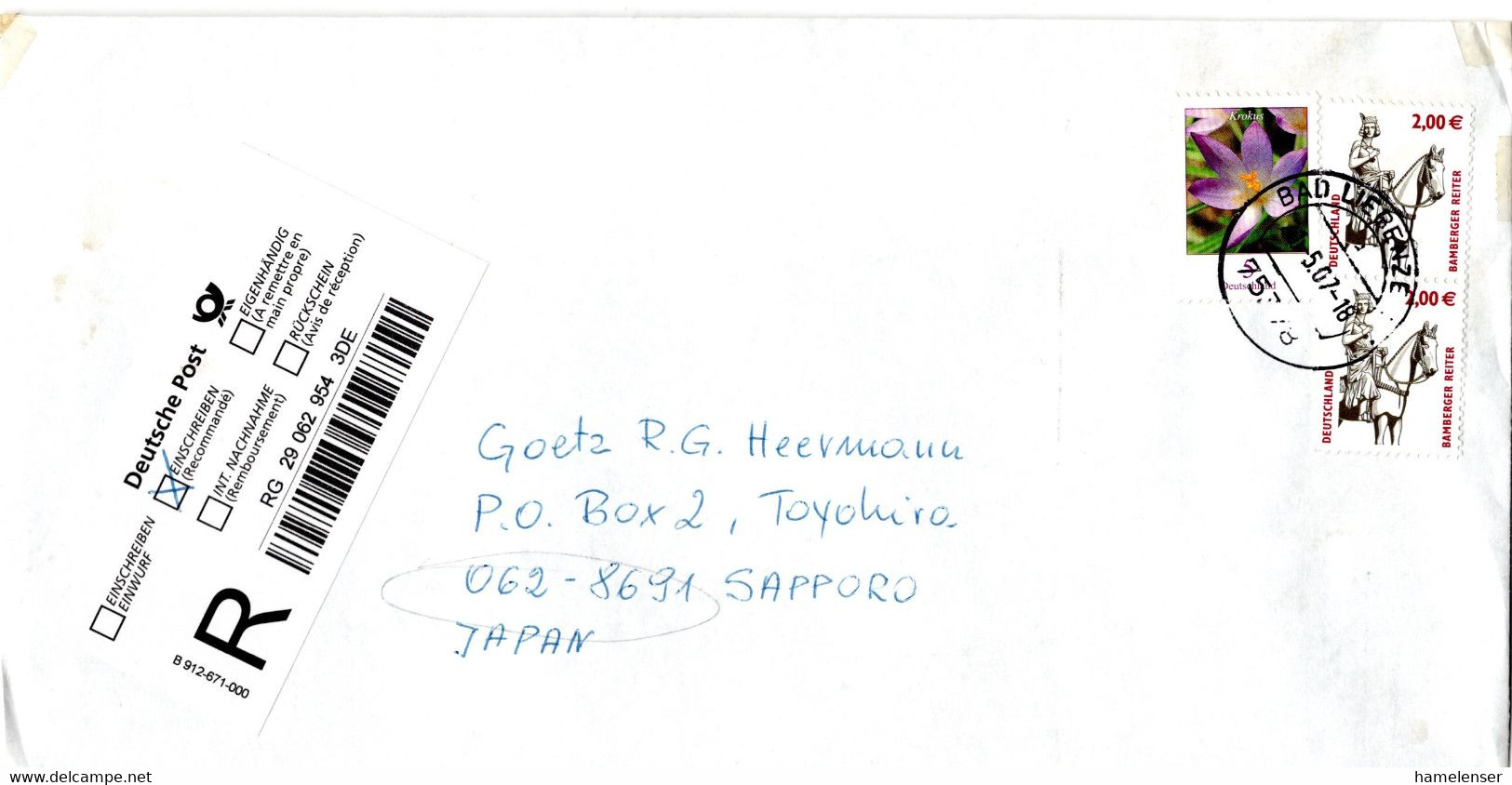 L34001 - Bund - 2007 - 2@€2 SWK MiF A. R-Bf. BAD LIEBENZELL -> Japan - Cartas & Documentos