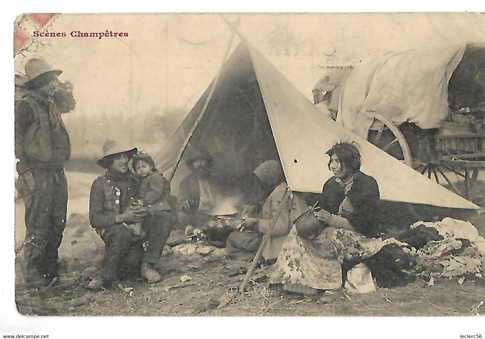 BOHEMIENS ROMANICHELS TZIGANES AU CAMPEMENT TENTE ROULOTTE 1905 BEAU PLAN CPA 2 SCANS - Europe