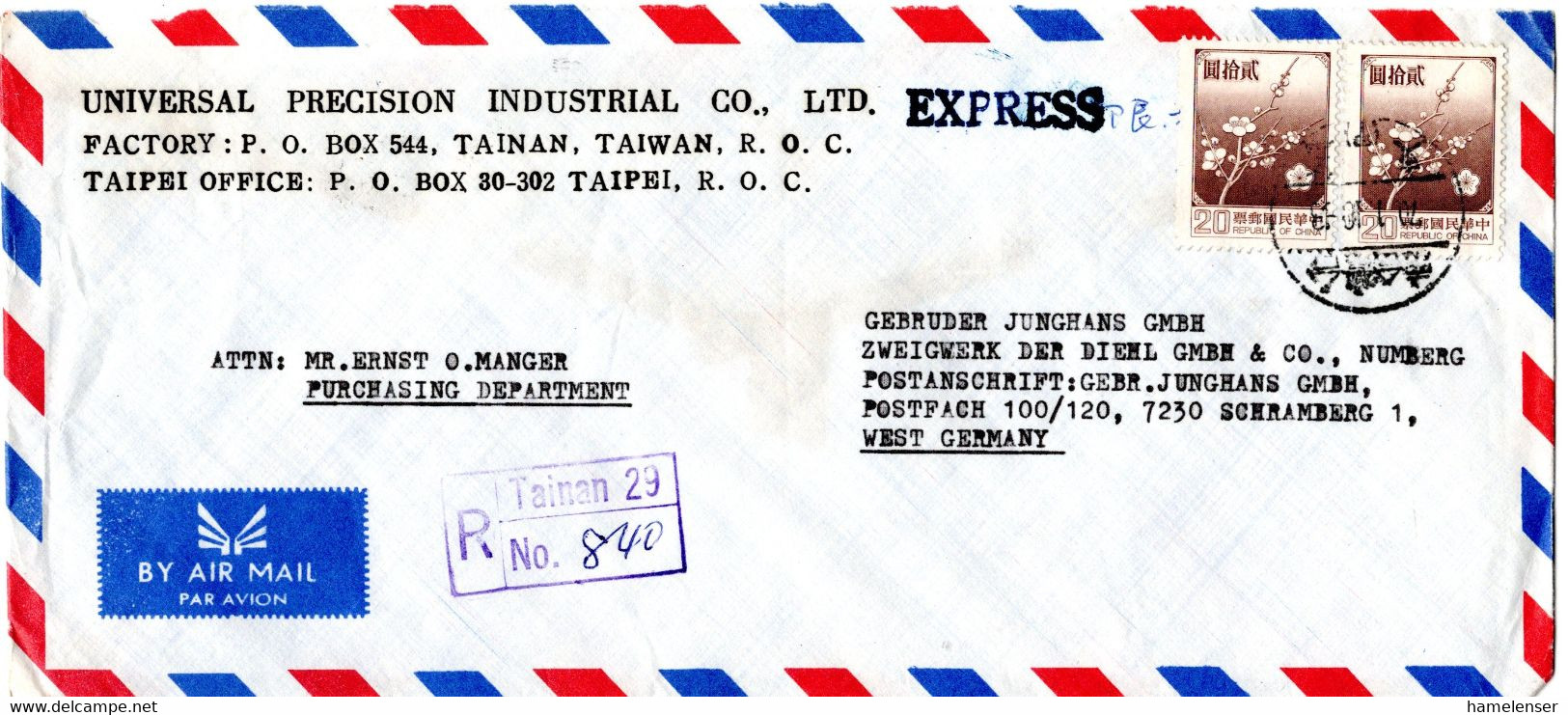L34087 - China / Taiwan - 1981 - 2@¥20 Zweig A. Eil-LpBf. TAIPEI -> Westdeutschland, Klappe Mgl. - Storia Postale