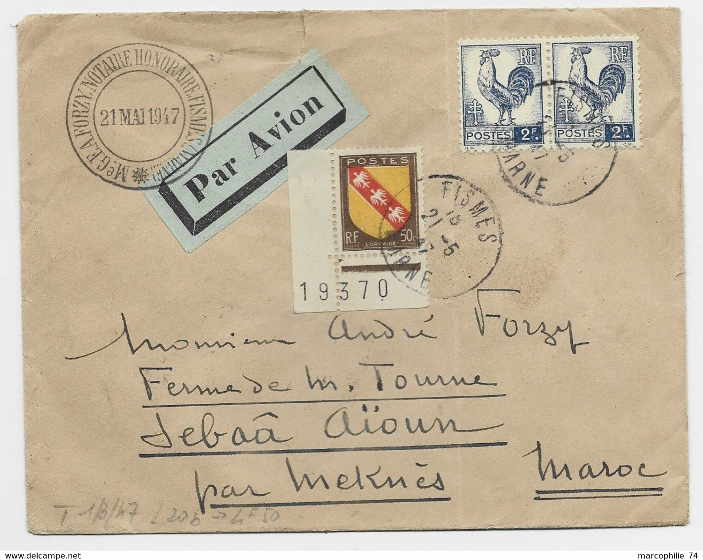 FRANCE  COQ 2FR PAIRE +50C BLASON LETTRE AVION FISMES 24.5.1947 POUR MAROC DAGUIN EN ARRIVEE - 1944 Coq Et Maríanne D'Alger