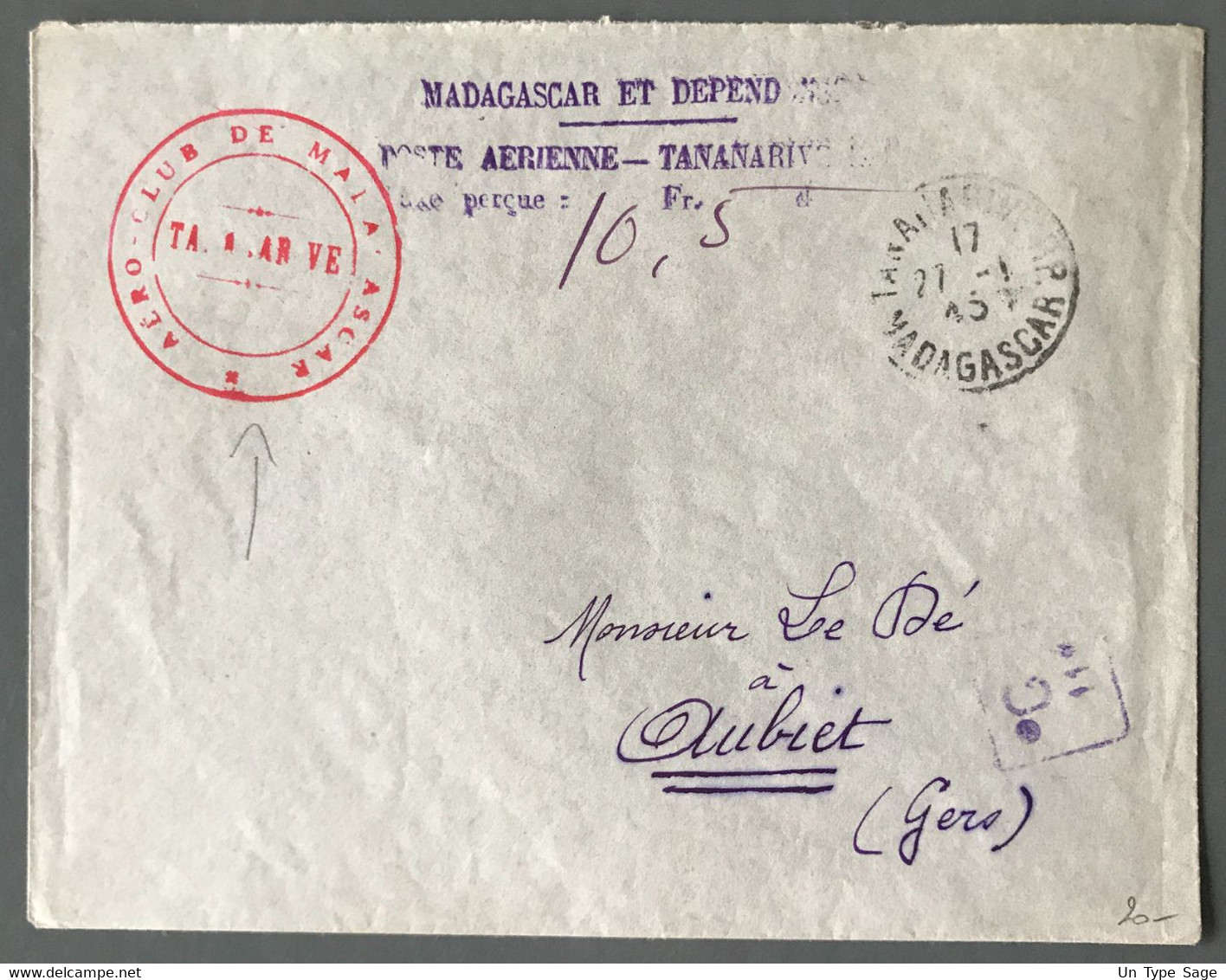 Madagascar, Enveloppe De Tannarive 27.1.1945, Taxe Perçue En Numéraire + Cachet Aéro-Club De Madagascar - (W1189) - Luftpost