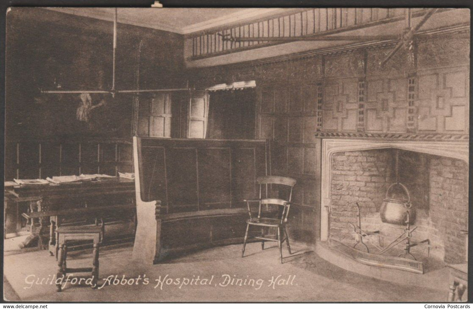 Dining Hall, Abbot's Hospital, Guildford, Surrey, 1915 - Frith's Postcard - War Seal - Surrey