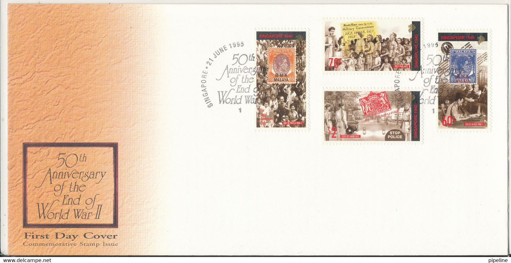 Singapore FDC 21-6-1995 50th. Anniversary 0f The End Of World War II Complete Set Of 4 In Original Plastic Packing - Singapore (1959-...)