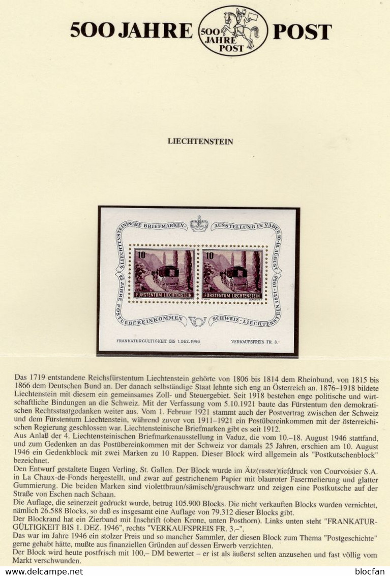 EXPO Vaduz 1946 Liechtenstein Block 4 ** 55€ Postkutsche 500 Jahre Post Bloc M/s History Philatelics Sheet Bf Fürstentum - Blocks & Sheetlets & Panes