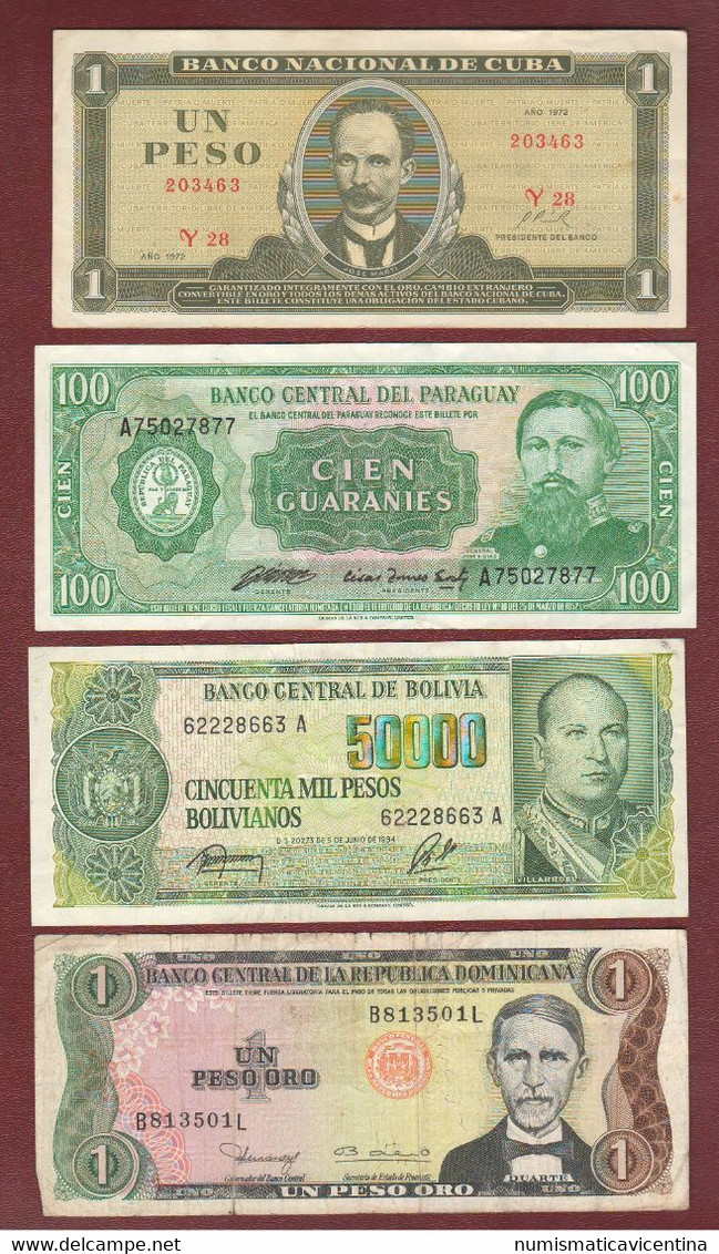 Sud America Lotto 4 Banconote Paraguay Dominicana Cuba Bolivia 4 Old Banknotes South America - Sonstige – Amerika