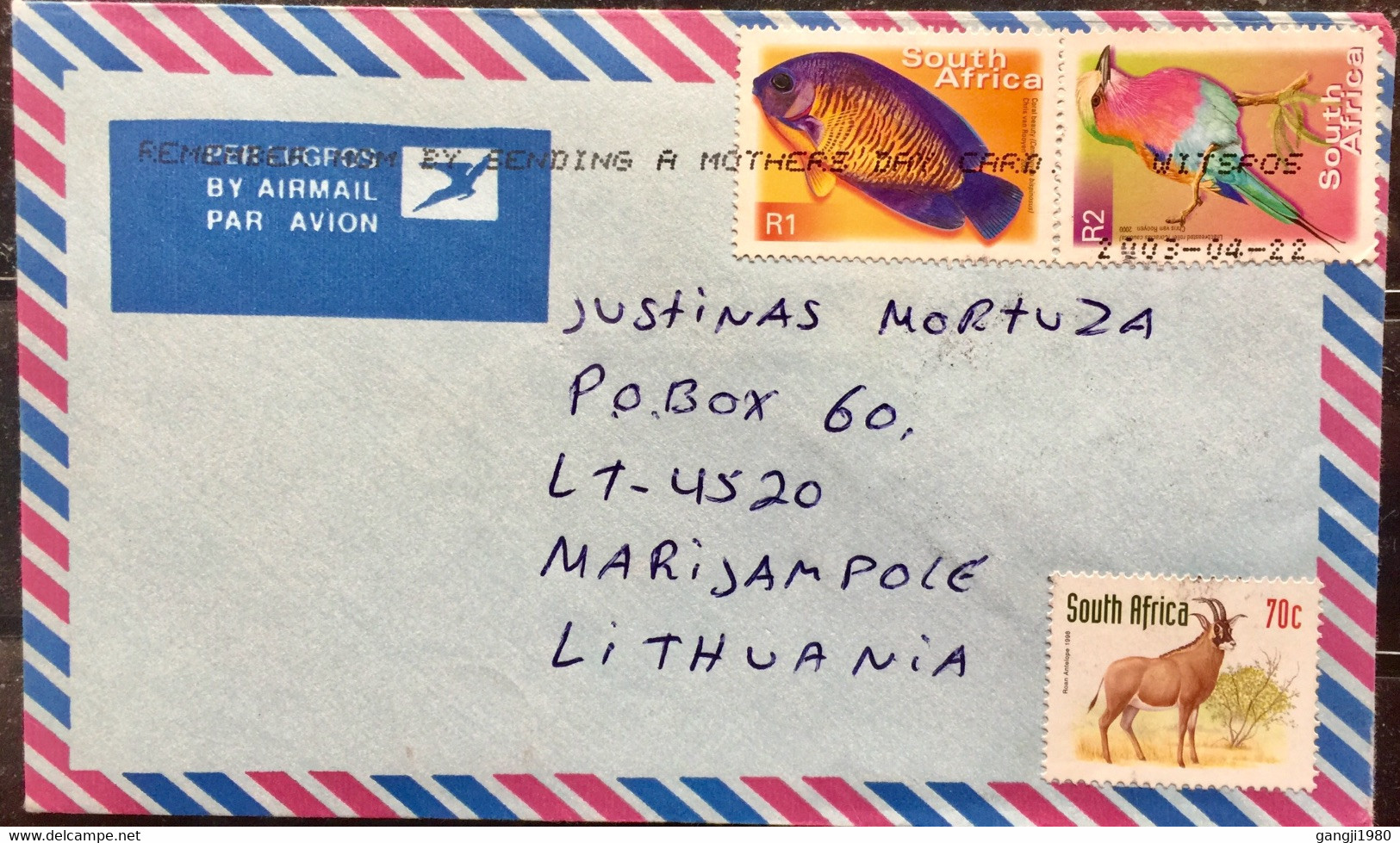 SOUTH AFRICA 2003 COVER TO LITHUANIA FISH ,BIRD ,ANIMAL STAMPS - Brieven En Documenten