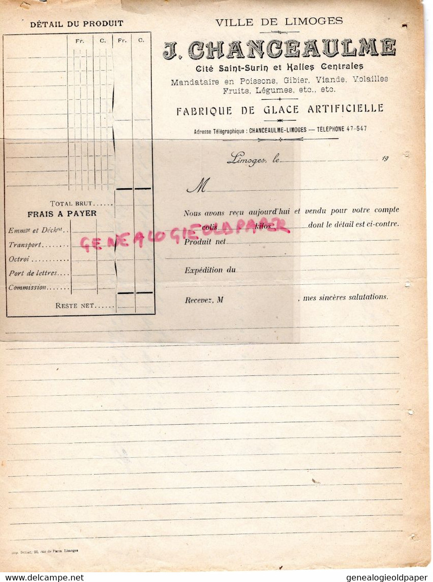 87- LIMOGES- RARE FACTURE J. CHANCEAULME-CITE SAINT SURIN-HALLES CENTRALES-FABRIQUE GLACE ARTIFICIELLE-CENTRAL HOTEL - Electricity & Gas