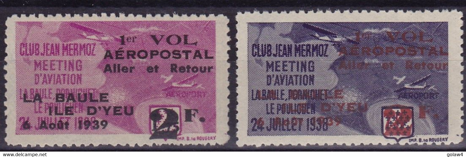 26365# VIGNETTE CLUB JEAN MERMOZ 1er VOL AEROPOSTAL ALLER RETOUR LA BAULE ILE D' YEU 1939 LOIRE ATLANTIQUE VENDEE - Aviation