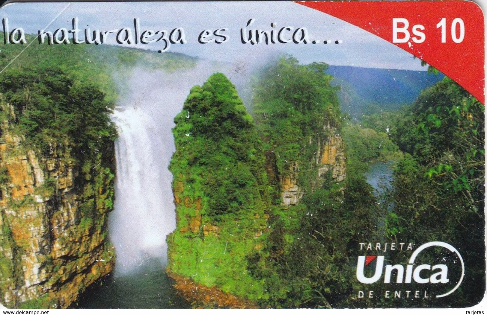 TARJETA DE BOLIVIA DE Bs 10 DE LA NATURALEZA ES UNICA (CATARATA-WATERFULL) MATE - Bolivië