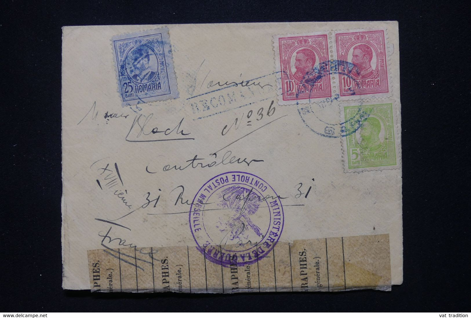 ROUMANIE - Enveloppe Cachetée En Recommandé Pour Paris En 1915 Avec Contrôle Postal De Marseille - L 110899 - Briefe U. Dokumente