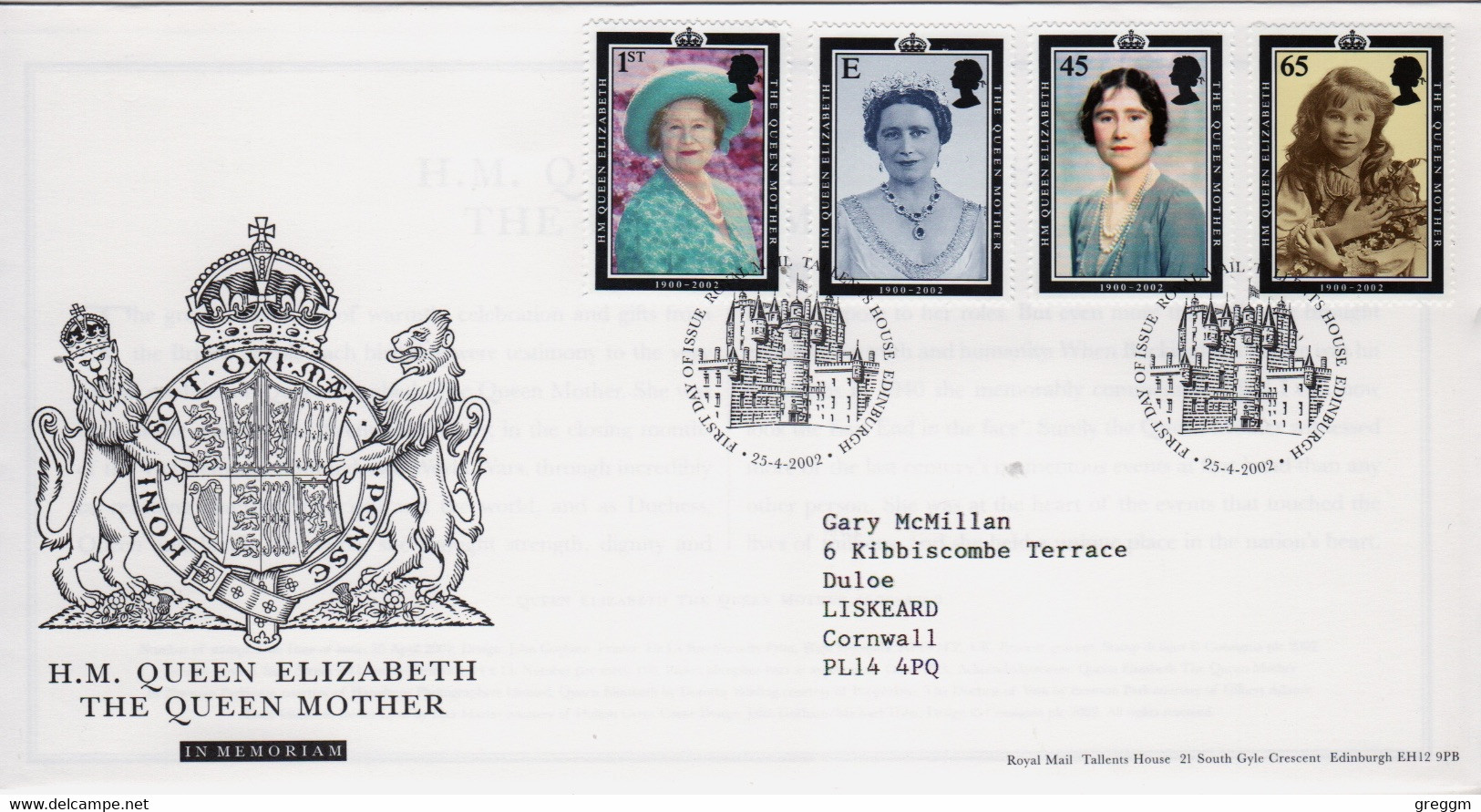 GB First Day Cover To Mark The  Commemoration Of The Queen Mother 2002 - 2001-2010. Decimale Uitgaven