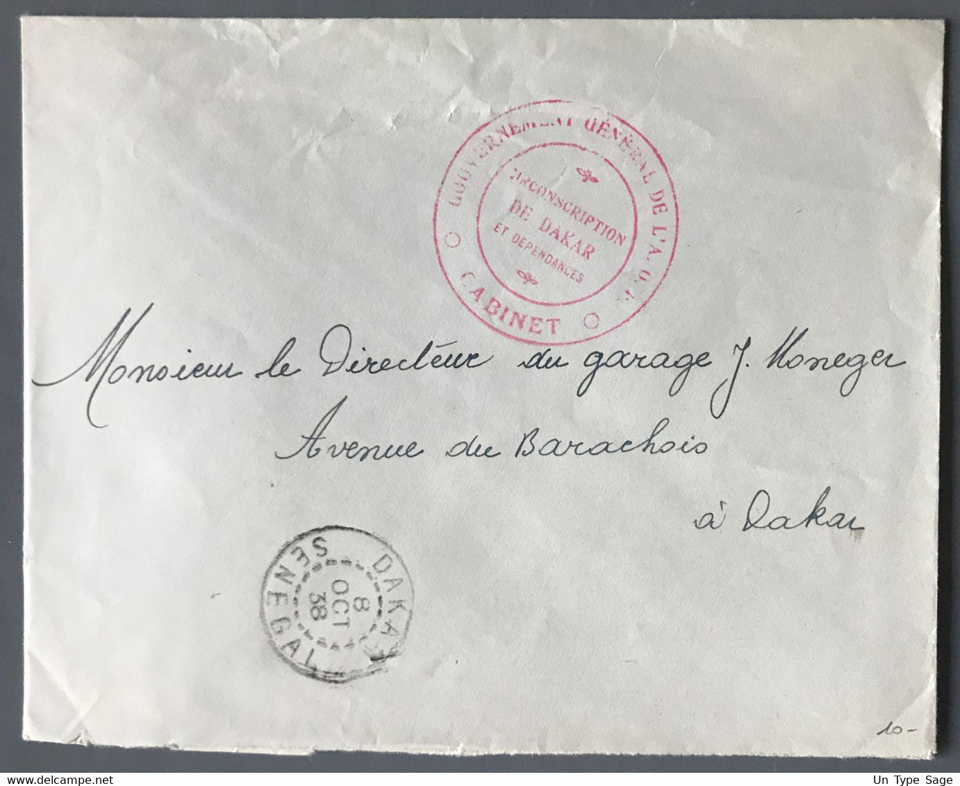 AOF - Cachet Gouvernement Général De L'A.O.F - CABINET + TAD DAKAR, Sénégal 8.10.1938 - (W1568) - Brieven En Documenten