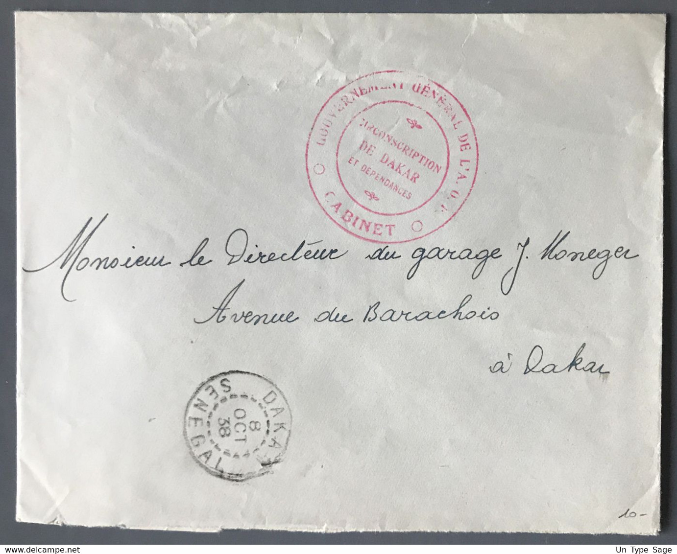 AOF - Cachet Gouvernement Général De L'A.O.F - CABINET + TAD DAKAR, Sénégal 8.10.1938 - (W1568) - Lettres & Documents