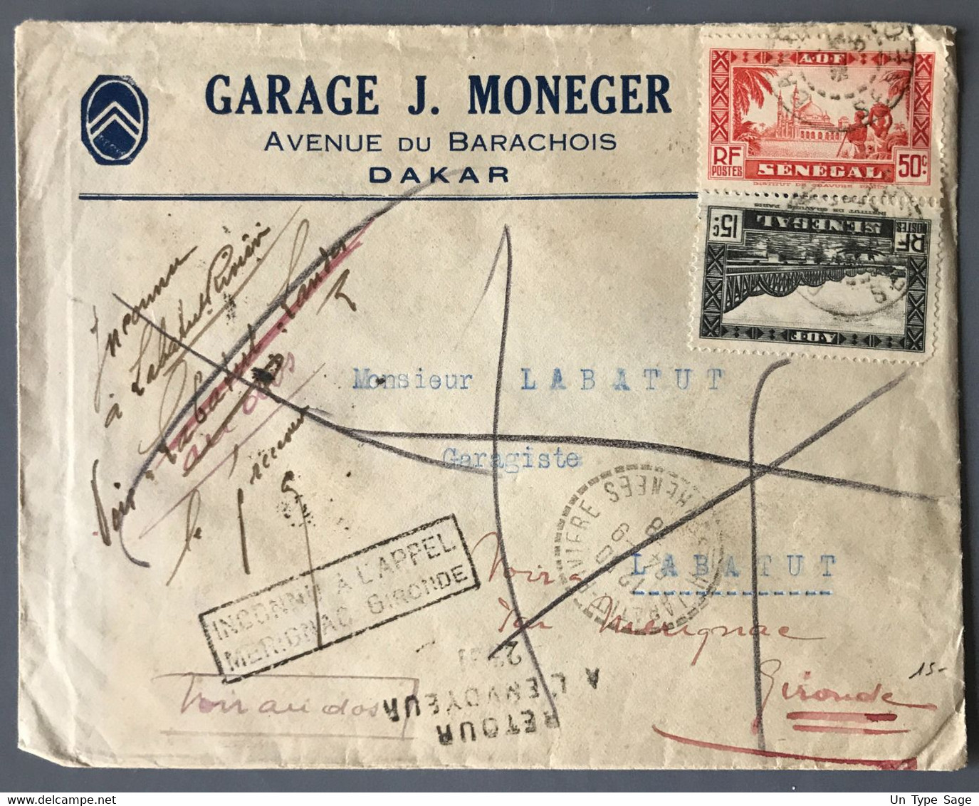 Sénégal, AOF Divers Sur Enveloppe, Griffe Inconnu à L'Appel - 2 Photos - (W1581) - Lettres & Documents