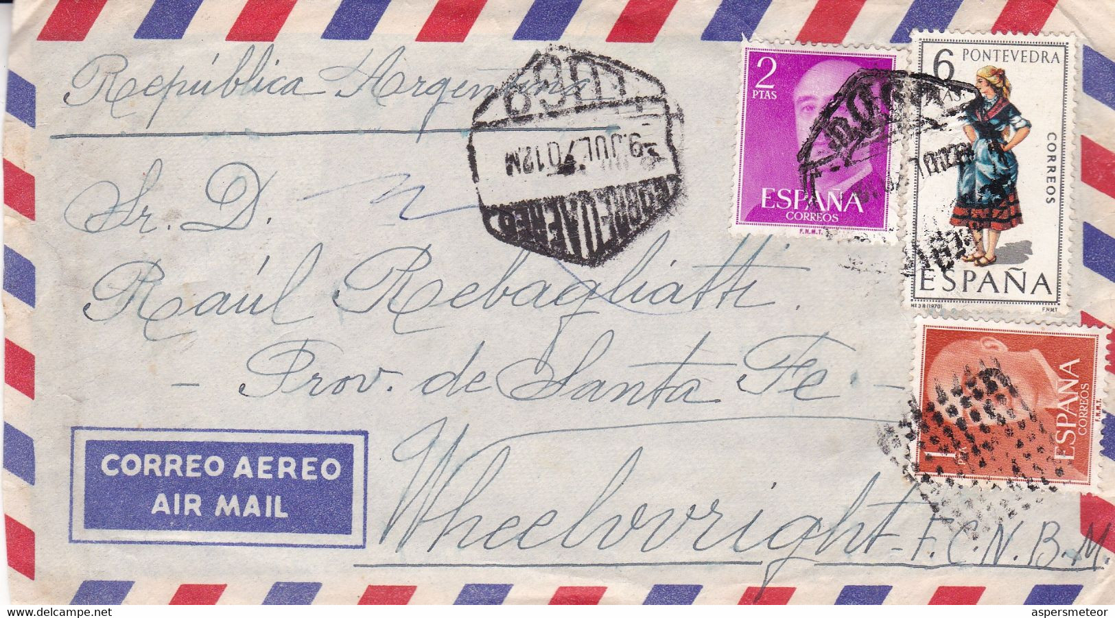 ESPAÑA, ENVELOPPE CIRCULEE ANNEE 1970, LUGO A WHEELWRIGHT ARGENTINA. RECOMMANDE, PAR AVION.- LILHU - Lettres & Documents