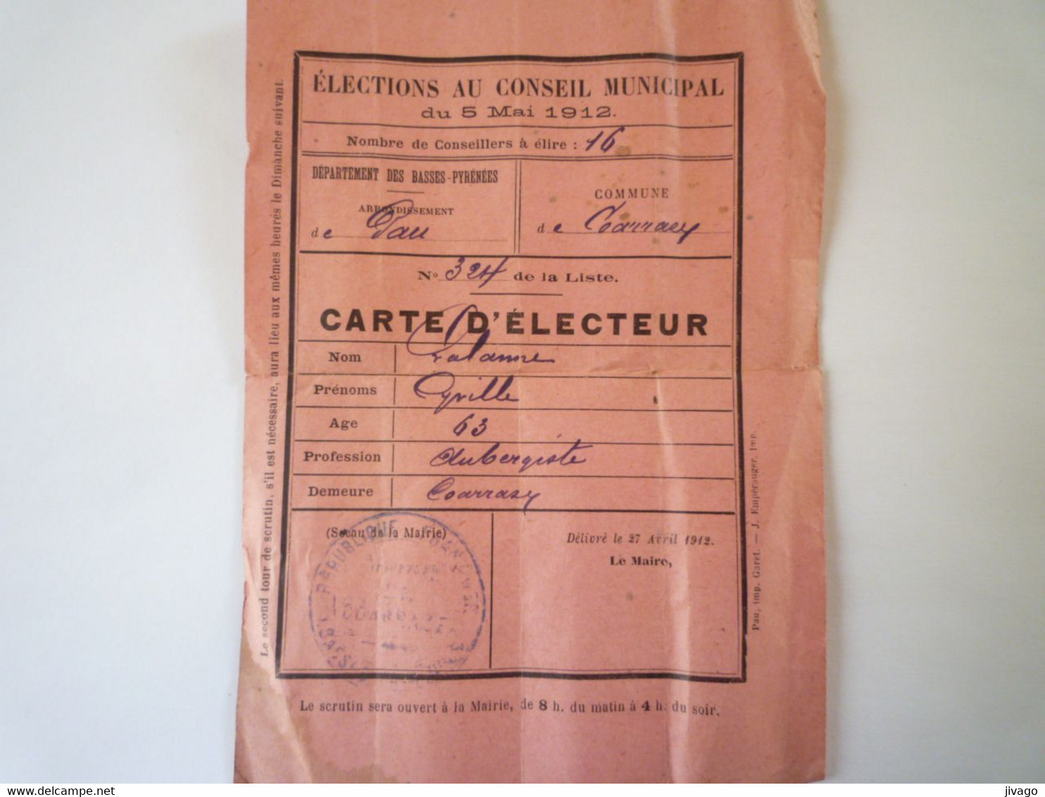 2021 - 4026  COARRAZE  :  CARTE D'ELECTEUR  1912   XXX - Non Classés