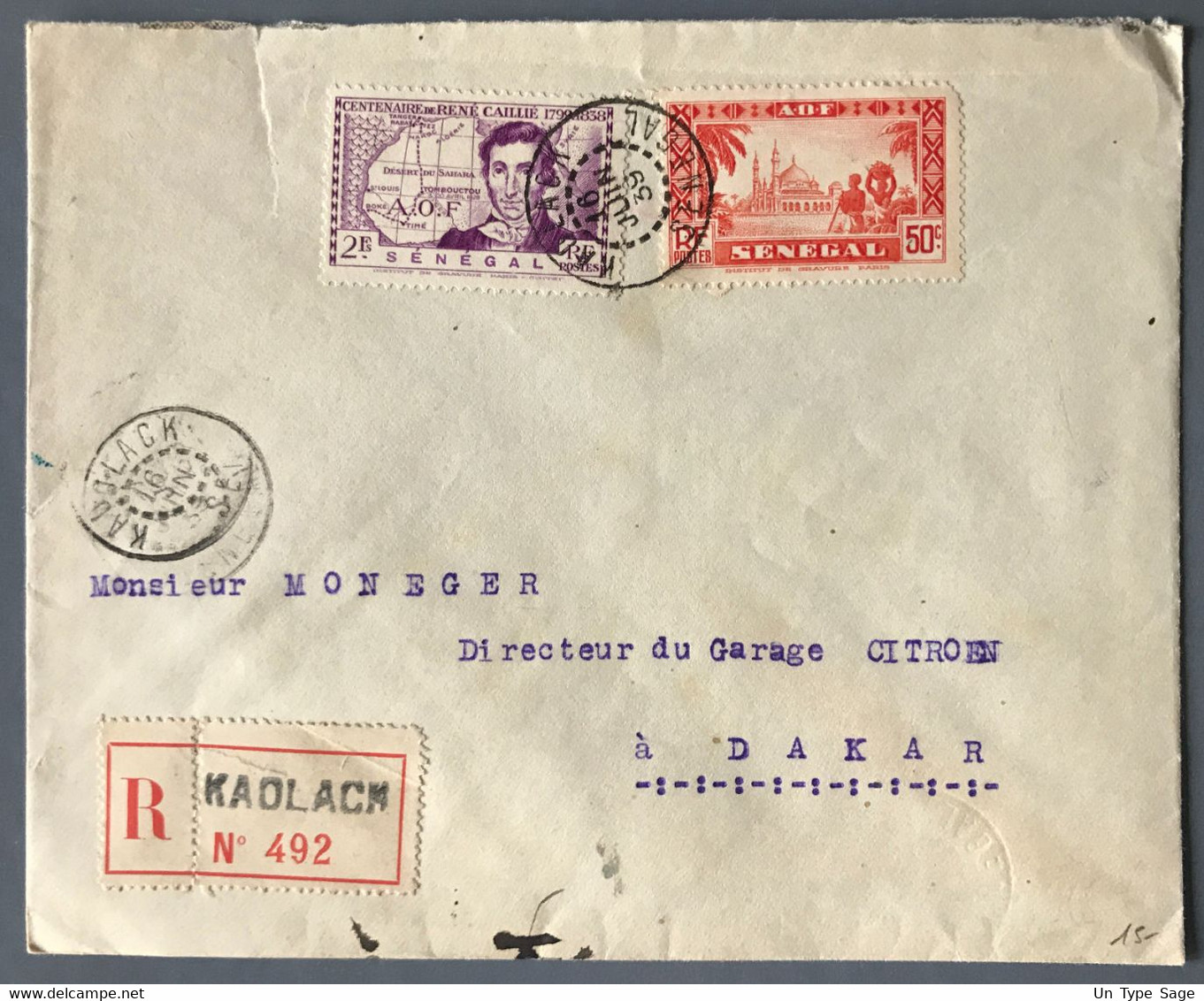 Sénégal N°125 Et 151sur Enveloppe Recommandée TAD KAOLACK, Sénégal 16.6.1939 Pour Dakar - (W1589) - Cartas & Documentos