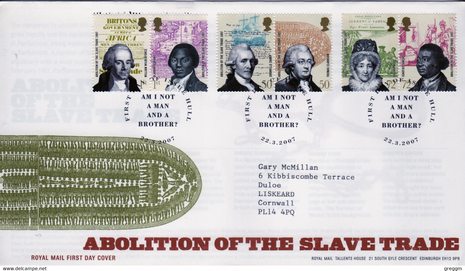 GB First Day Cover To Celebrate Abolition Of The Slave Trade 2007 - 2001-10 Ediciones Decimales
