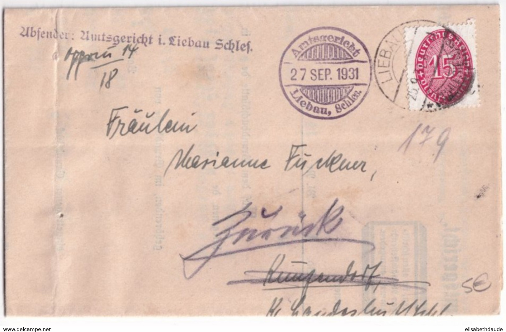 1931 - WEIMAR - LETTRE DE SERVICE (DIENSTMARKE) De LIEBAU (SILESIE) - RETOUR / ZURÜCK - Service